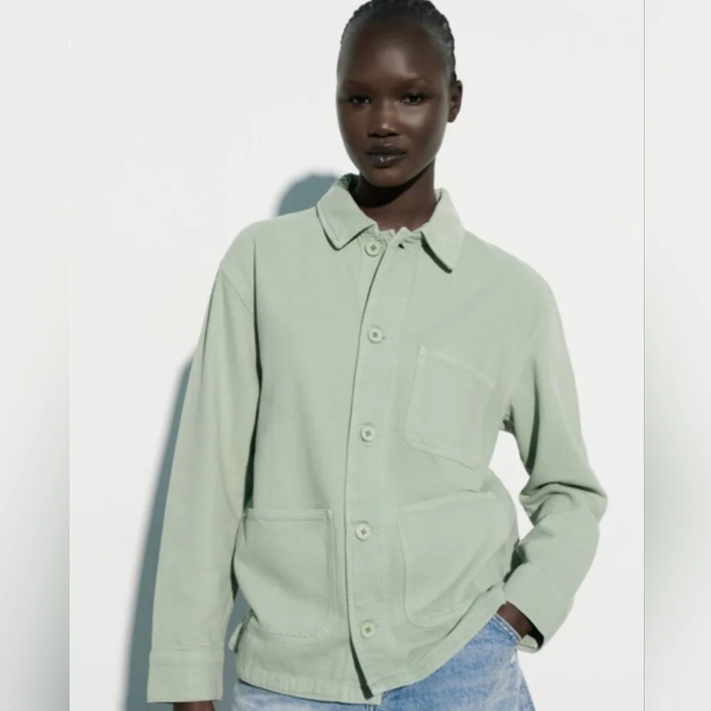 ZARA Victoria Cotton Overshirt Light Green Utility Barn Style Jacket Medium - Picture 3 of 8